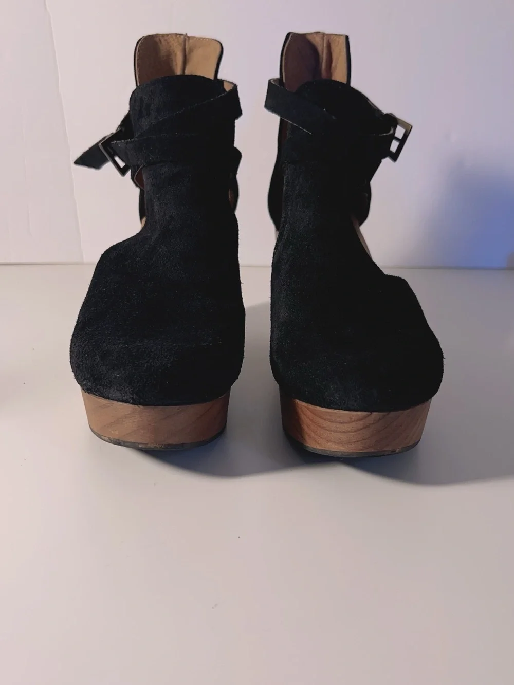 Free People Black Suede Platform Cedar Clog with Wood Block Heel